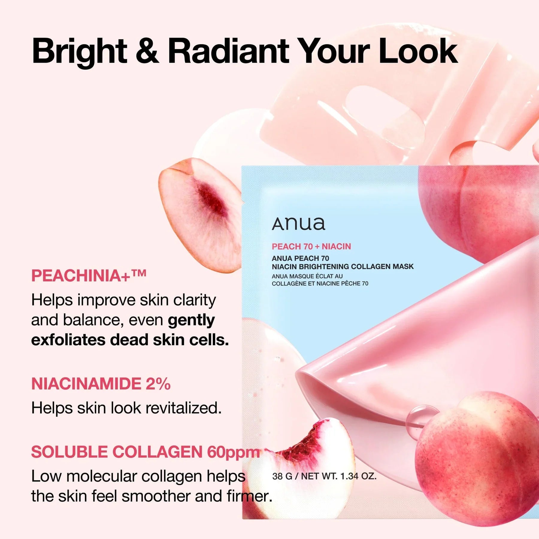 Anua Peach 70 Niacin Brightening Collagen Mask – Masques Éclat x4